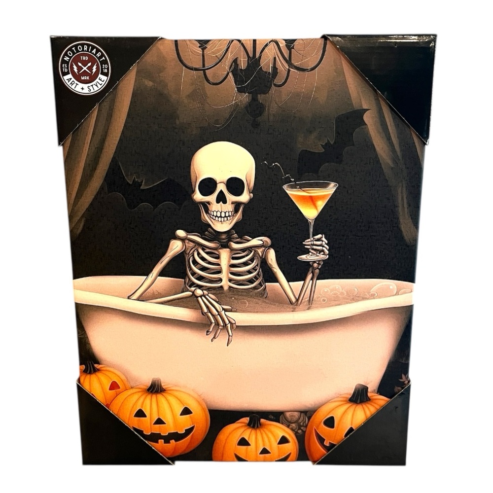 Halloween Skeleton Canvas Wrapped Spooky Fun Art Bats Pumpkins Cocktail Bath